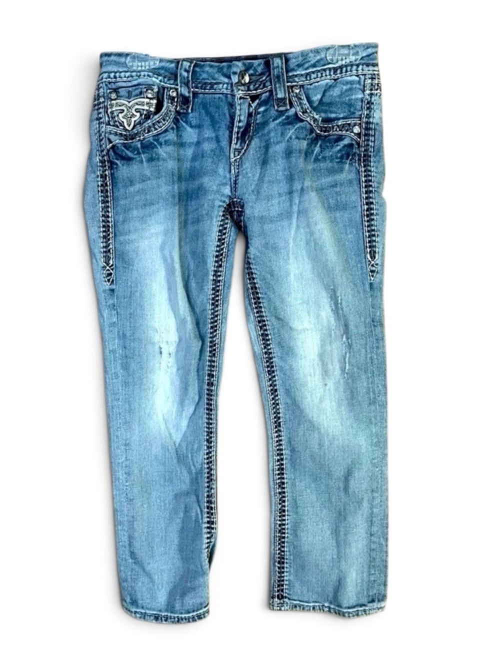 Rock Revival Ella Capri Embroidered Sequined Blue Jeans